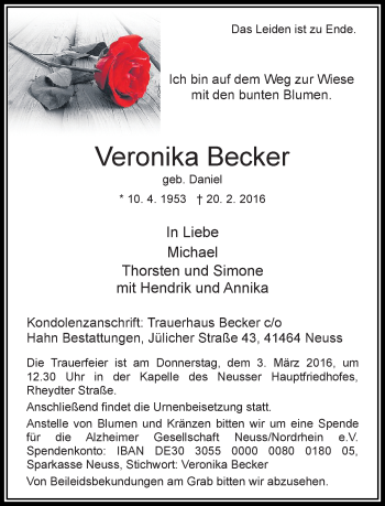 Traueranzeige von Veronika Becker von Rheinische Post