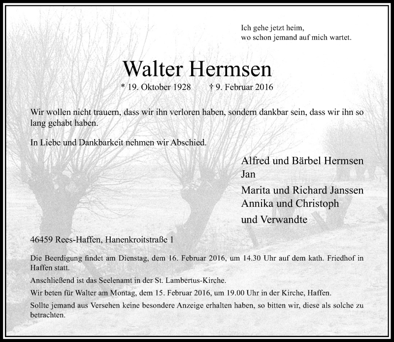  Traueranzeige für Walter Hermsen vom 11.02.2016 aus Rheinische Post