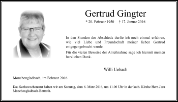 Traueranzeige von Gertrud Gingter von Rheinische Post