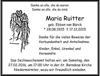 Traueranzeige von Maria Ruitter von Rheinische Post