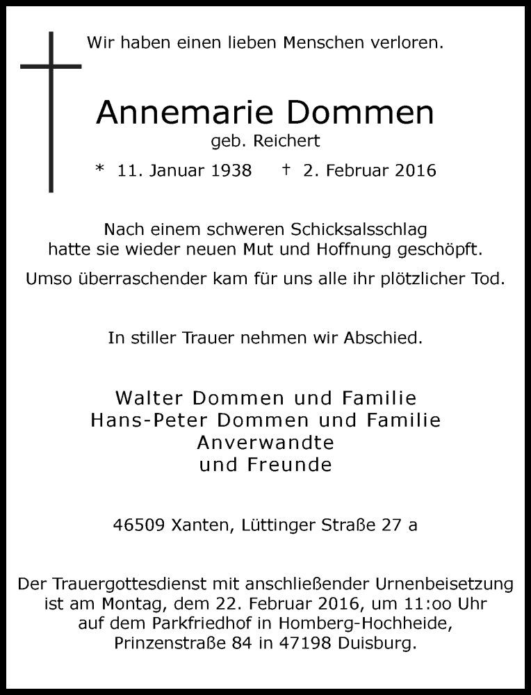  Traueranzeige für Annemarie Dommen vom 17.02.2016 aus Rheinische Post