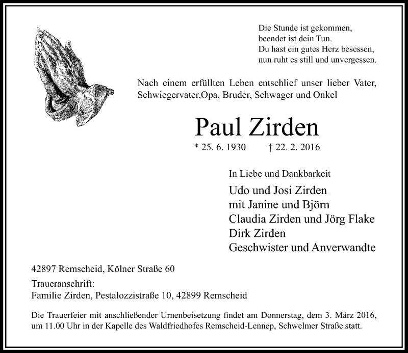  Traueranzeige für Paul Zirden vom 27.02.2016 aus Rheinische Post