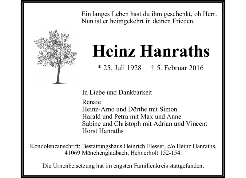  Traueranzeige für Heinz Hanraths vom 20.02.2016 aus Rheinische Post