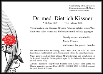 Traueranzeige von Dietrich Kissner von Rheinische Post