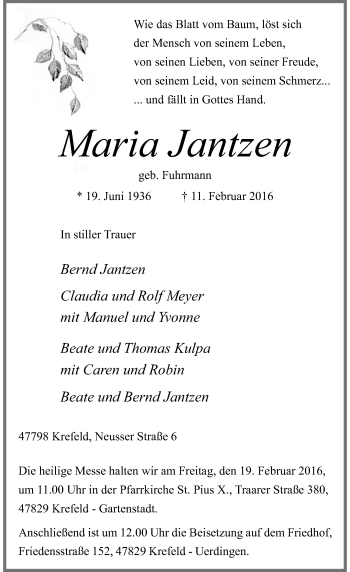 Traueranzeige von Maria Jantzen von Rheinische Post