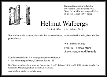 Traueranzeige von Helmut Walbergs von Rheinische Post