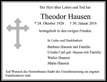 Traueranzeige von Theodor Hausen von Rheinische Post