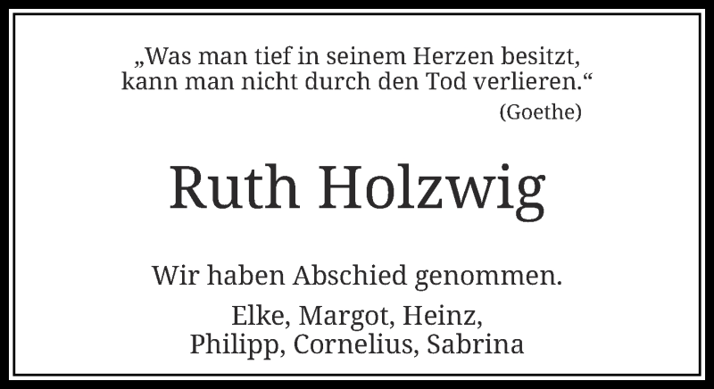  Traueranzeige für Ruth Holzwig vom 20.02.2016 aus Rheinische Post