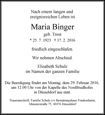 Traueranzeige von Maria Binger von Rheinische Post