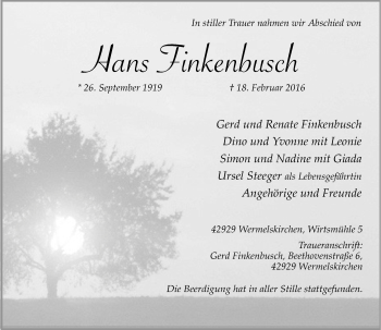 Traueranzeige von Hans Finkenbusch von Rheinische Post