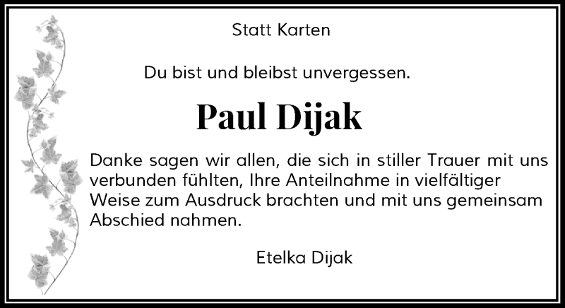  Traueranzeige für Paul Dijak vom 27.02.2016 aus Rheinische Post