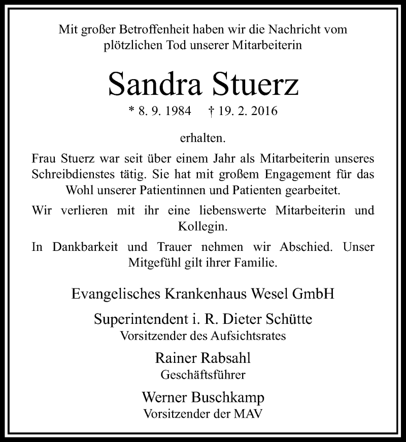  Traueranzeige für Sandra Stuerz vom 23.02.2016 aus Rheinische Post