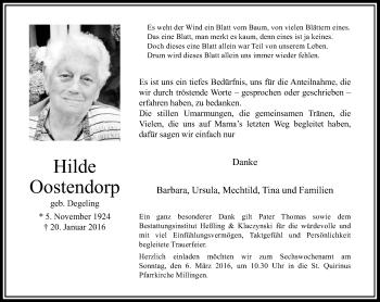 Traueranzeige von Hilde Oostendorp von Rheinische Post