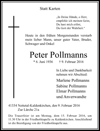 Traueranzeige von Peter Pollmanns von Rheinische Post