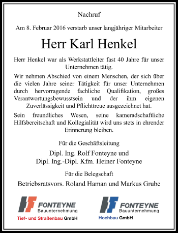Traueranzeige von Karl Henkel von Rheinische Post