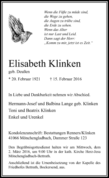 Traueranzeige von Elisabeth Klinken von Rheinische Post