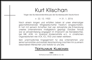 Traueranzeige von Kurt Klischan von Rheinische Post