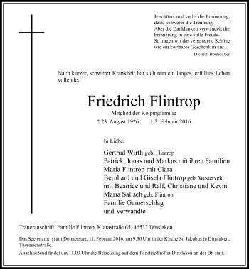 Traueranzeige von Friedrich Flintrop von Rheinische Post