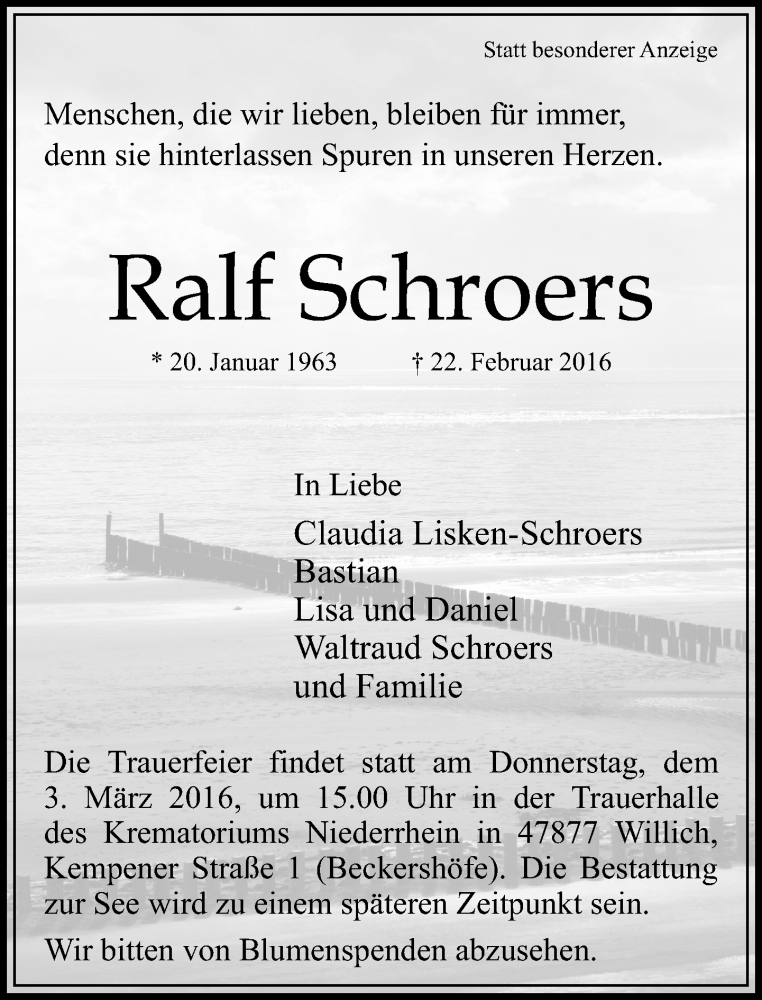  Traueranzeige für Ralf Schroers vom 27.02.2016 aus Rheinische Post