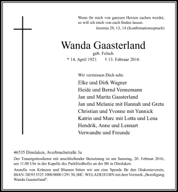 Traueranzeige von Wanda Gaasterland von Rheinische Post