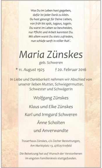 Traueranzeige von Maria Zünskes von Rheinische Post