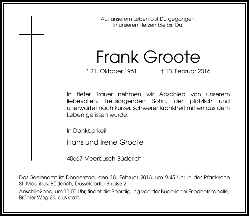  Traueranzeige für Frank Groote vom 16.02.2016 aus Rheinische Post