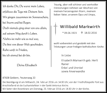 Traueranzeige von Willibald Markwirth von Rheinische Post