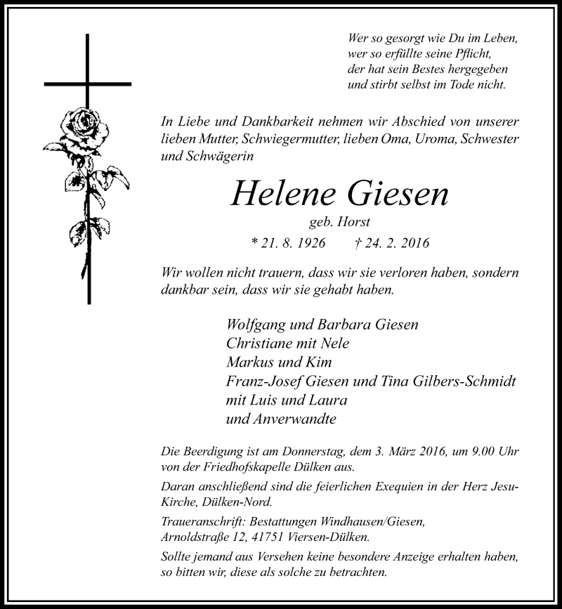  Traueranzeige für Helene Giesen vom 27.02.2016 aus Rheinische Post