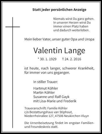 Traueranzeige von Valentin Lange von Rheinische Post