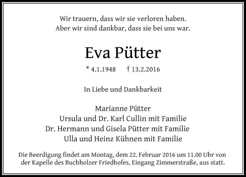  Traueranzeige für Eva Pütter vom 18.02.2016 aus Rheinische Post