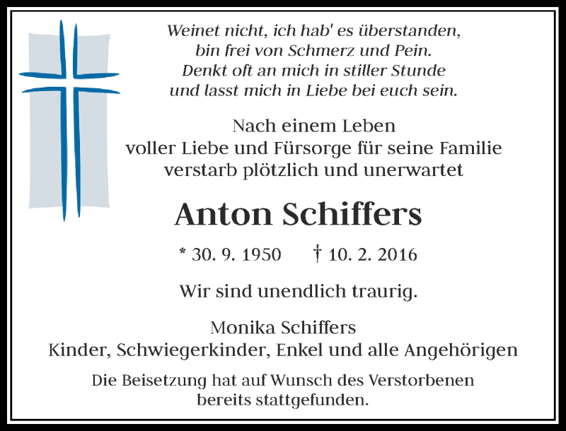  Traueranzeige für Anton Schiffers vom 13.02.2016 aus Rheinische Post