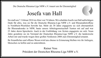 Traueranzeige von Josefa van Hall von Rheinische Post