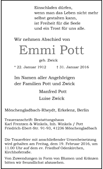Traueranzeige von Emmi Pott von Rheinische Post