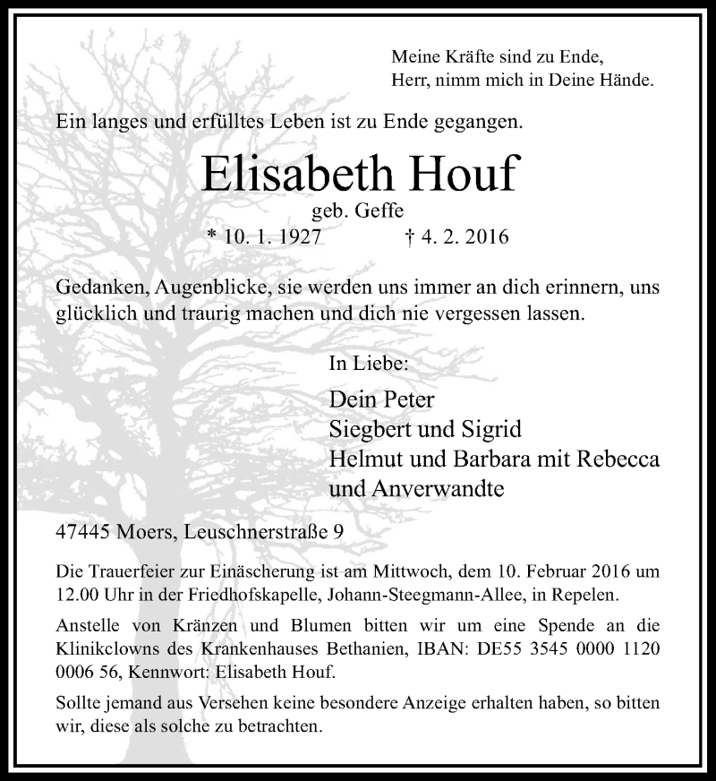  Traueranzeige für Elisabeth Houf vom 06.02.2016 aus Rheinische Post
