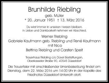 Traueranzeige von Brunhilde Riebling von Rheinische Post