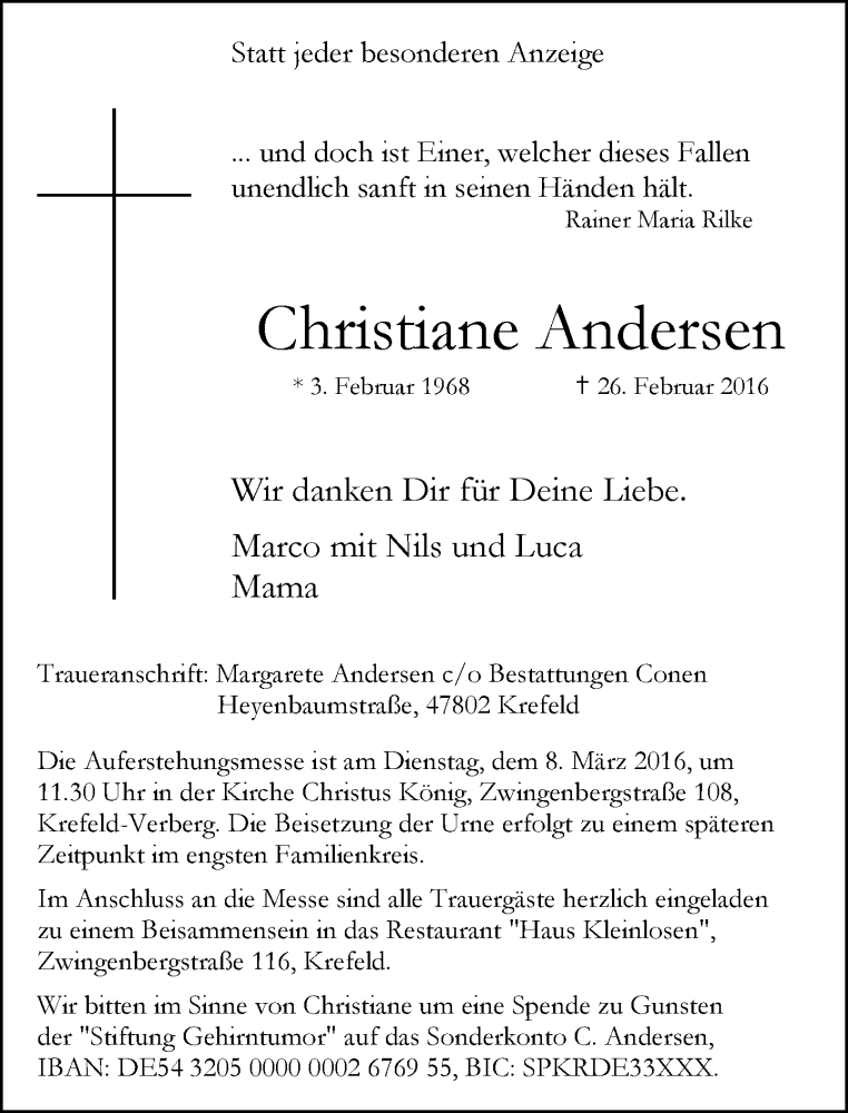  Traueranzeige für Christiane Andersen vom 02.03.2016 aus Rheinische Post