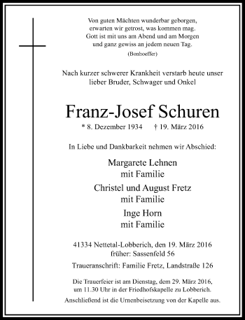 Traueranzeige von Franz-Josef Schuren von Rheinische Post