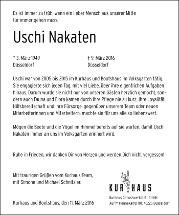 Traueranzeige von Uschi Nakaten von Rheinische Post