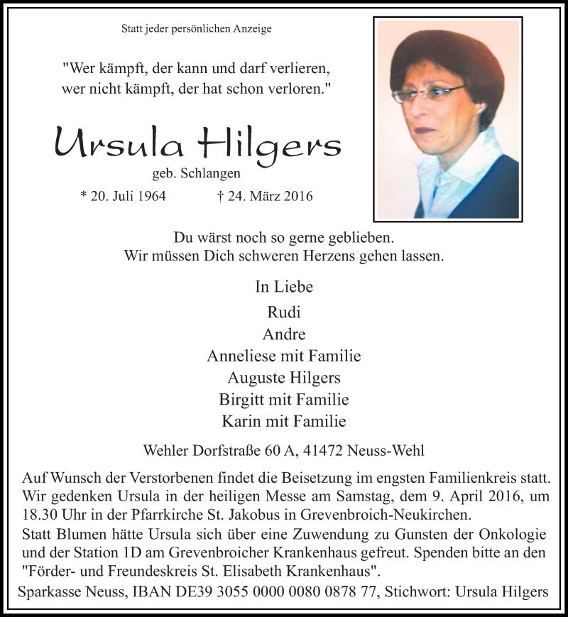  Traueranzeige für Ursula Hilgers vom 30.03.2016 aus Rheinische Post