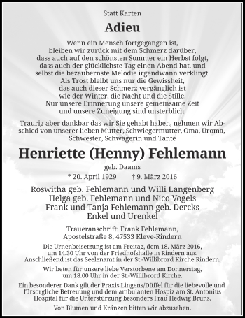 Traueranzeige von Henriette Fehlemann von Rheinische Post