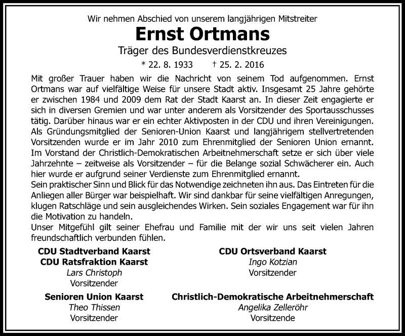  Traueranzeige für Ernst Ortmans vom 05.03.2016 aus Rheinische Post