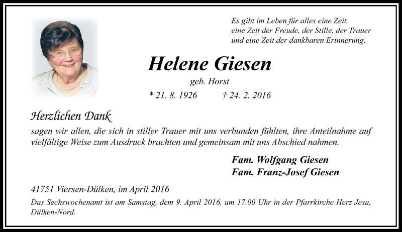  Traueranzeige für Helene Giesen vom 02.04.2016 aus Rheinische Post