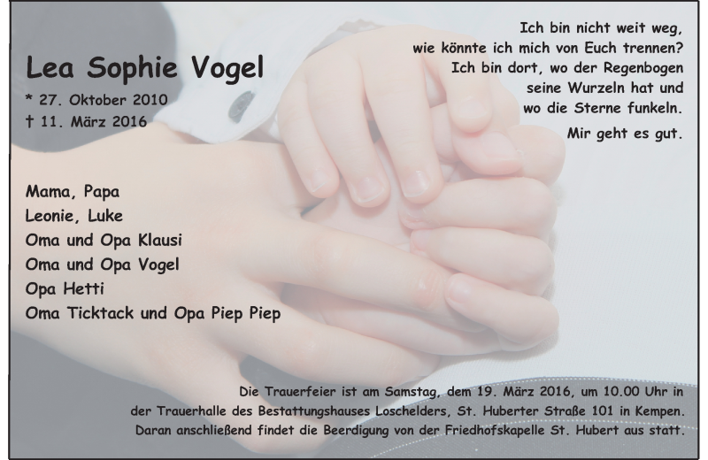  Traueranzeige für Lea Sophie Vogel vom 16.03.2016 aus Rheinische Post