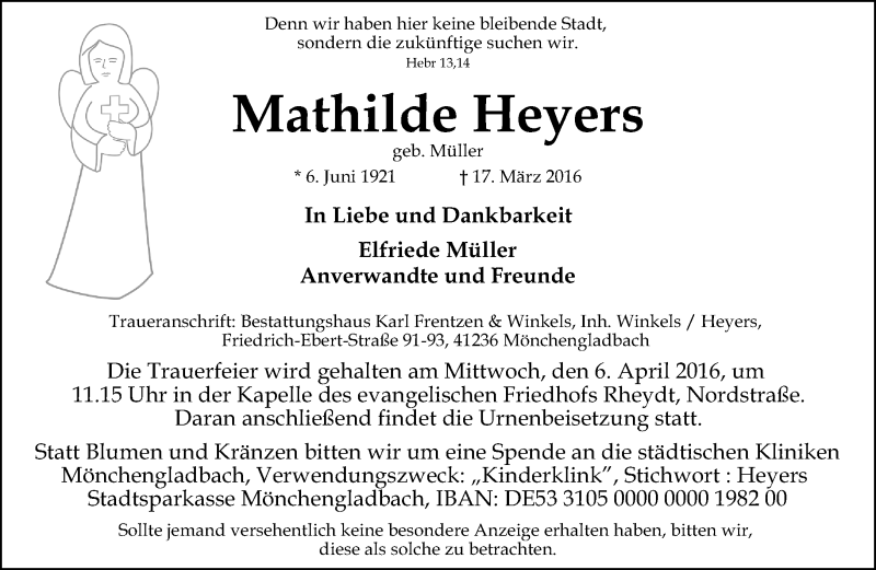  Traueranzeige für Mathilde Heyers vom 02.04.2016 aus Rheinische Post