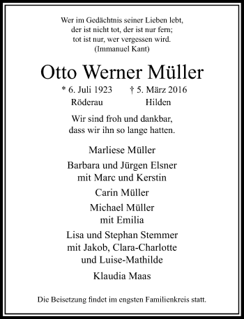 Traueranzeige von Otto Werner Müller von Rheinische Post