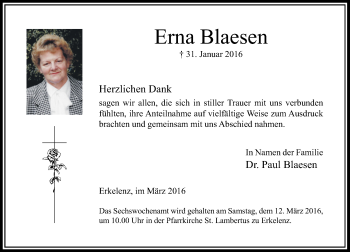 Traueranzeige von Erna Blaesen von Rheinische Post