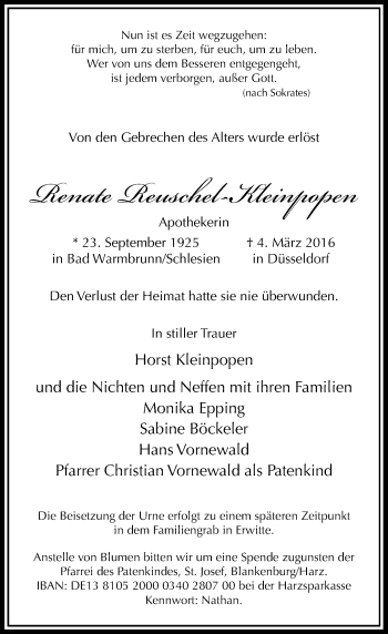 Traueranzeige von Renate Reuschel-Kleinpopen von Rheinische Post