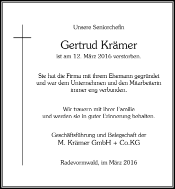 Traueranzeige von Gertrud Krämer von Rheinische Post