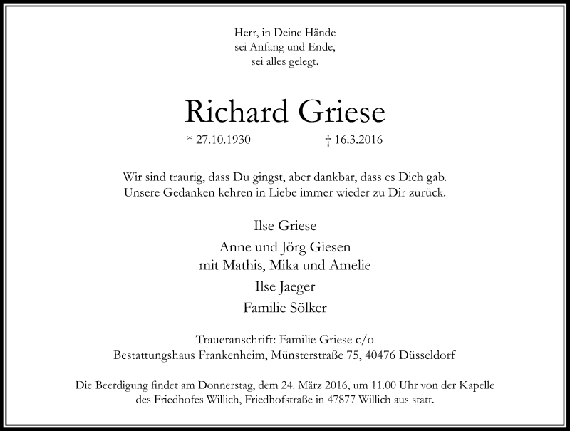  Traueranzeige für Richard Griese vom 19.03.2016 aus Rheinische Post