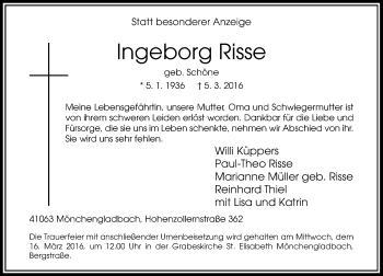 Traueranzeige von Ingeborg Risse von Rheinische Post